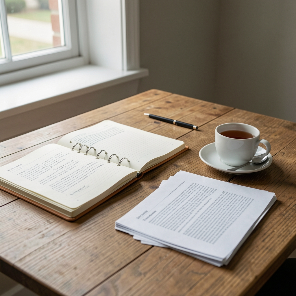 Editorial workspace with open notebooks, printed research papers and a cup of tea on a wooden desk under soft natural daylight from a nearby window