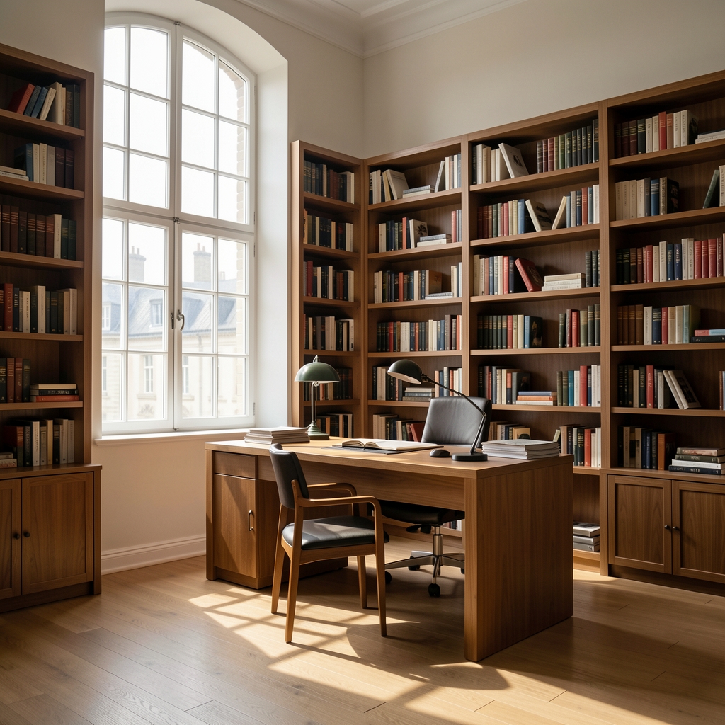 Corner of an editorial office with bookshelves and a writing desk, natural light from a tall window casting long shadows across the floor