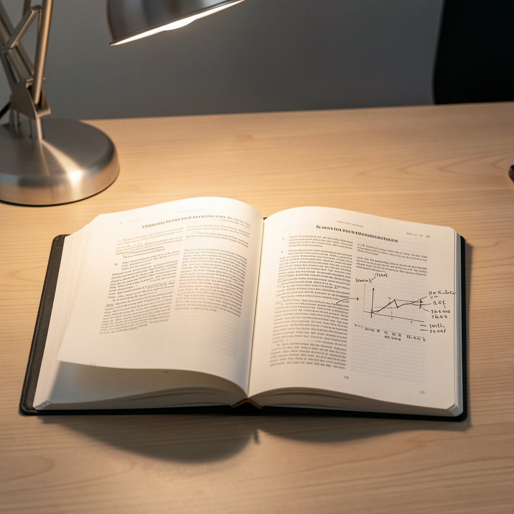 Close-up of an open research journal and annotated printed article on a clean wooden desk surface under directional desk lamp lighting