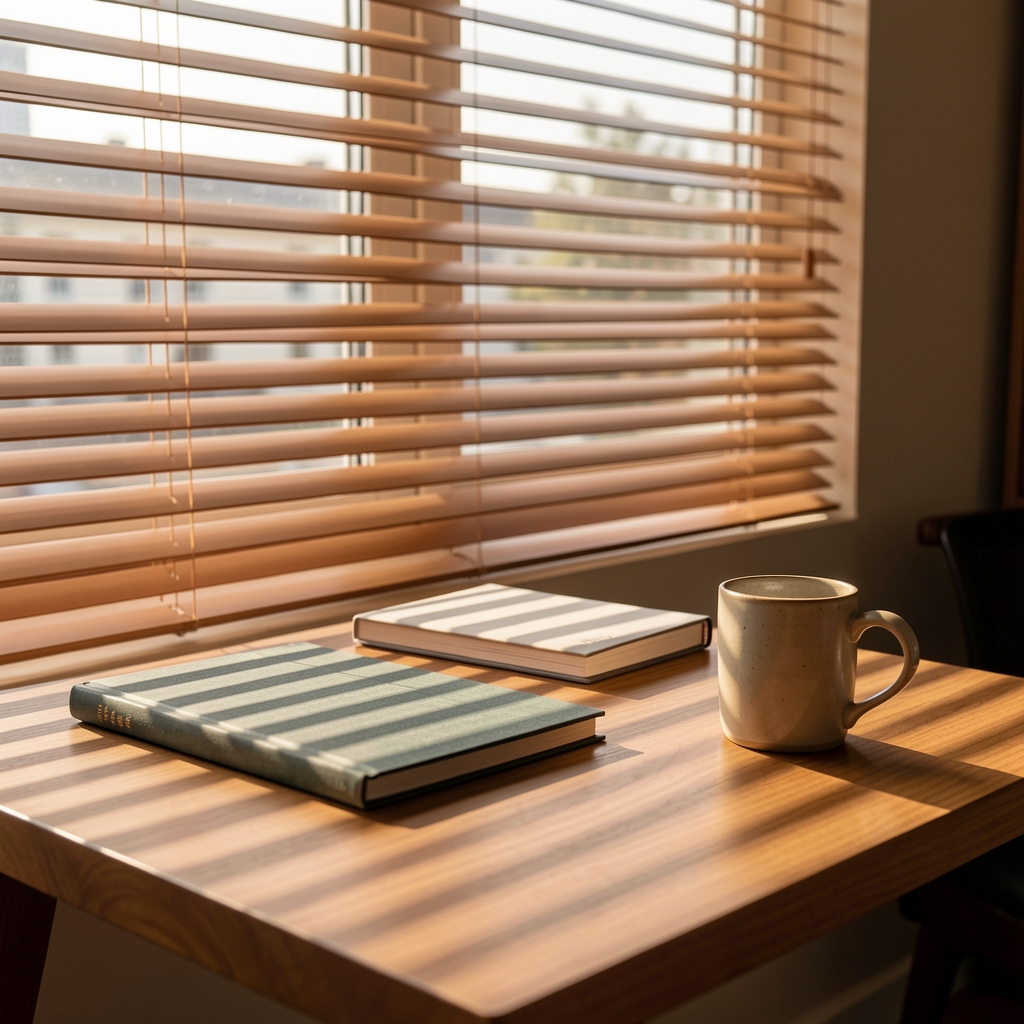Afternoon light through Venetian blinds casting striped shadows across a writing desk with notebooks and a ceramic mug in a quiet office space