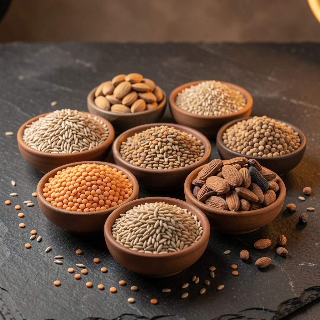 Assorted whole grains, lentils and dried legumes displayed in small ceramic bowls on a dark stone surface under overhead studio lighting with controlled warm tone
