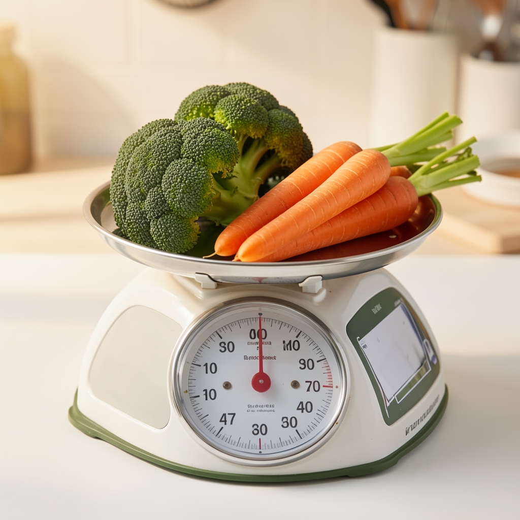 Close-up of a kitchen scale weighing fresh vegetables including broccoli and carrots on a white surface under warm studio lighting in a clean workspace