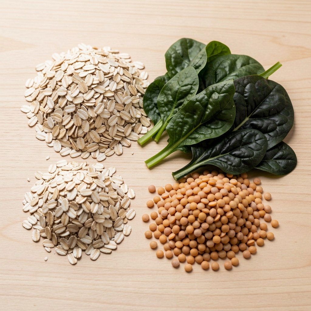Selection of high-fibre plant-based whole foods including oats, lentils and dark leafy vegetables arranged on a clean wooden surface under bright overhead studio lighting