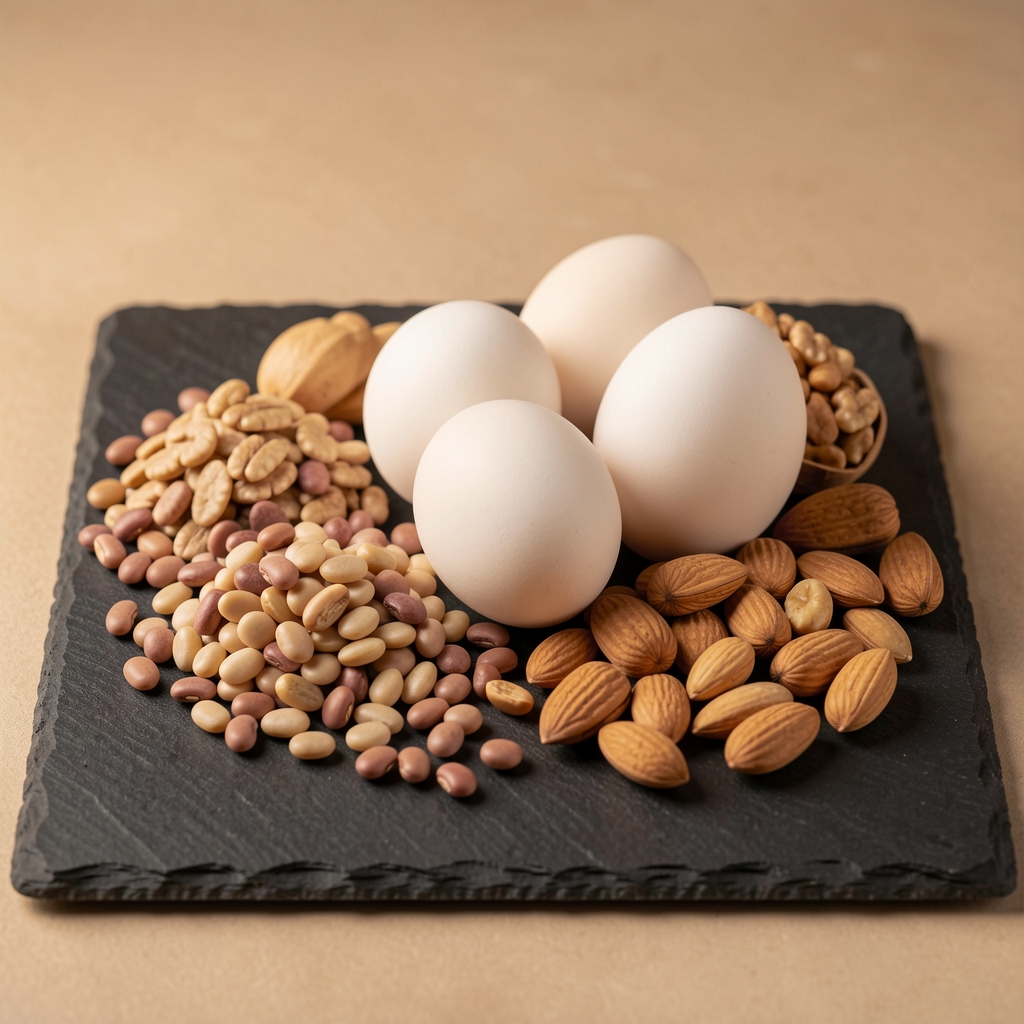 Arrangement of high-protein whole foods including eggs, legumes and nuts arranged on a dark slate board under controlled warm studio lighting