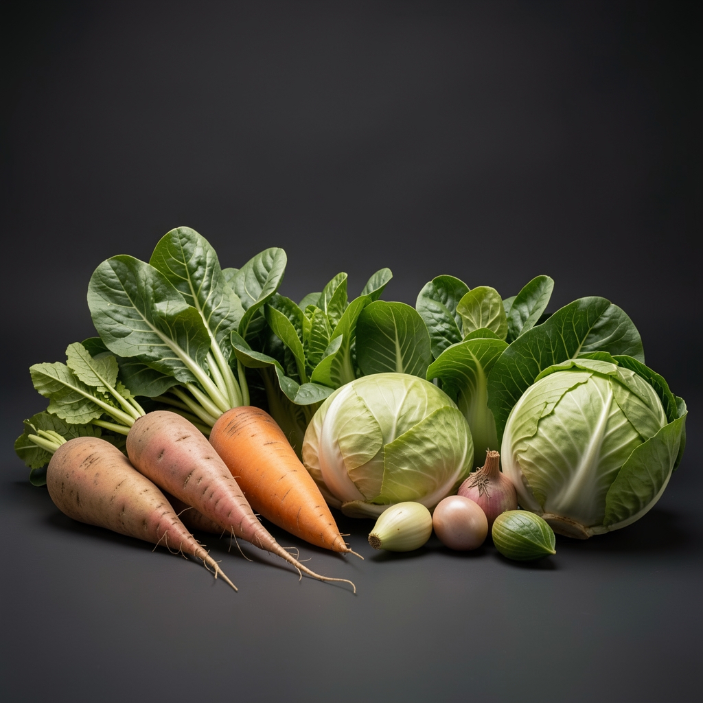 Vibrant selection of seasonal vegetables including root vegetables, leafy greens and brassicas displayed on a dark background under bright overhead studio lighting with even tone