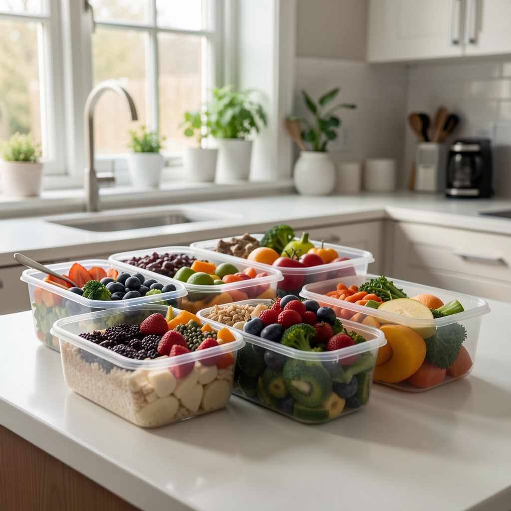 A week of meal preparation containers filled with colourful whole foods on a kitchen counter under natural daylight streaming through a window