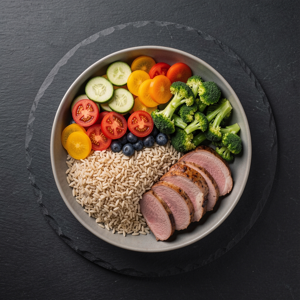 Overhead view of a balanced meal with colourful vegetables, whole grains and lean protein on a dark stone surface under studio lighting in a clean workspace