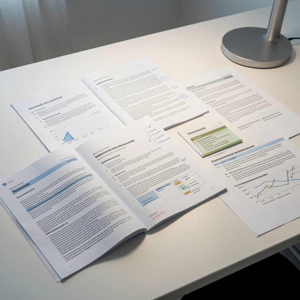 Research papers and nutritional journal articles spread across a clean desk under controlled workspace lighting with annotations visible
